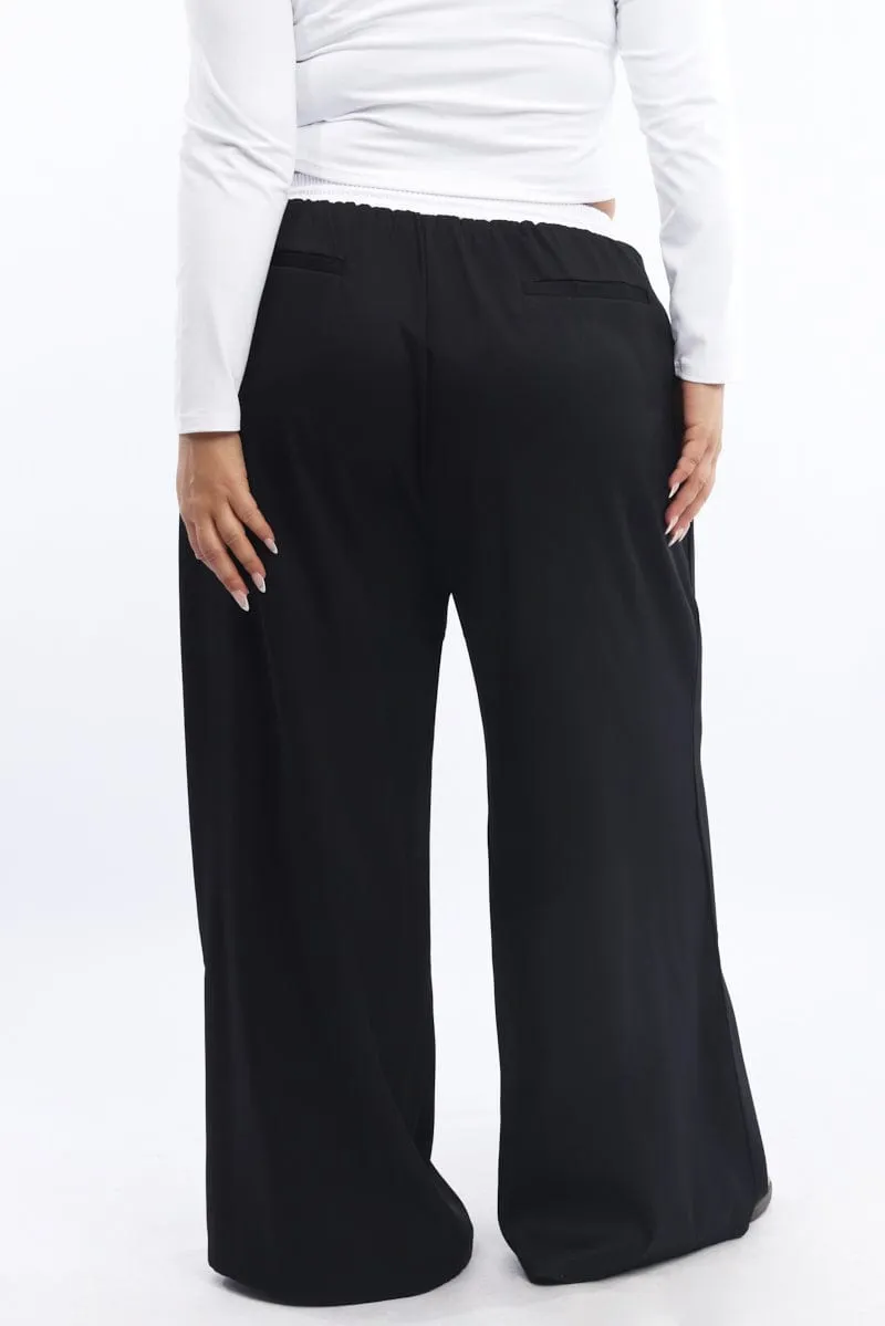 Street Utility Flexible Waistband Black Contrast Waistband Wide Leg Pants