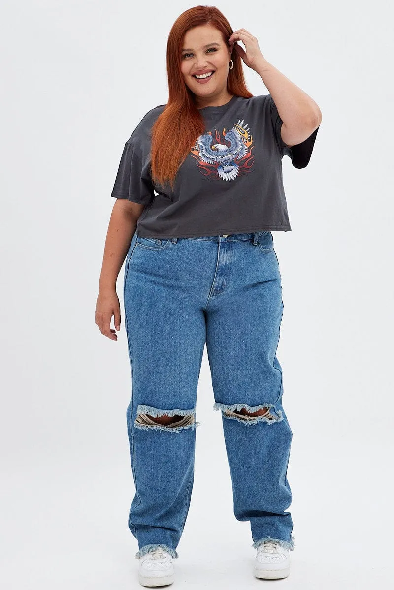 Blue Baggy Denim Jeans High Rise Comfy Streetwear Fan Music Event