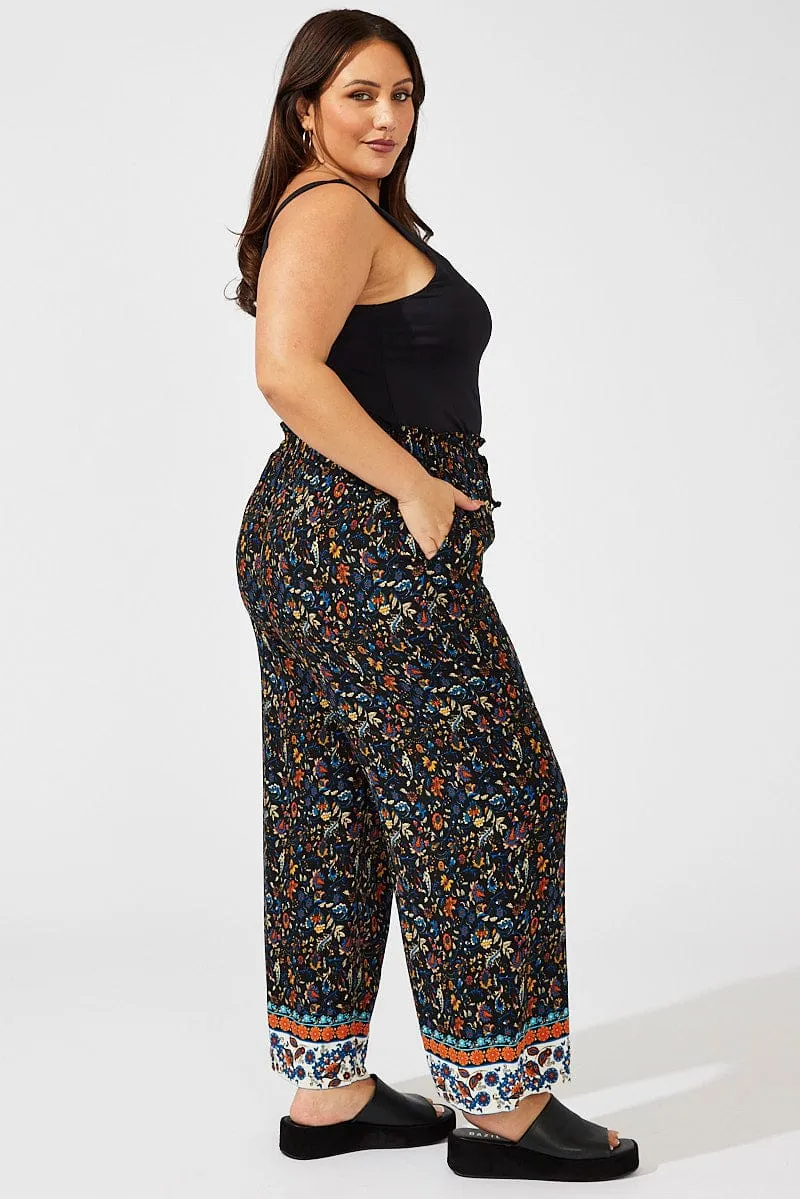 Black Boho Wide Leg Pants High Rise Bold Waistband