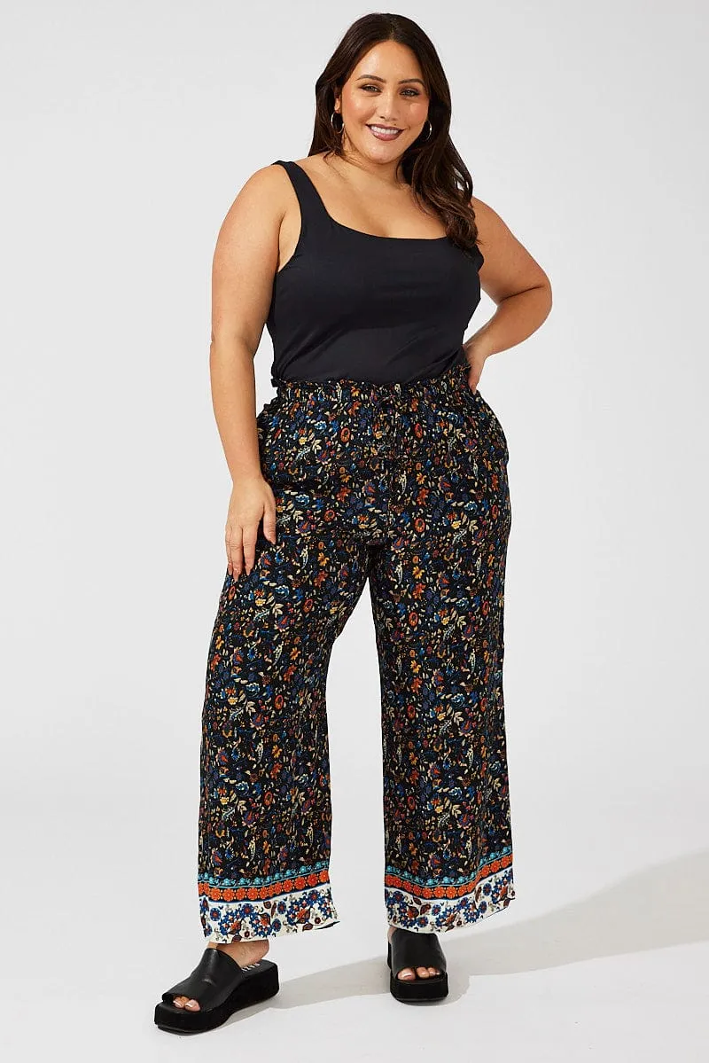 Comfortable Fit Look Black Boho Wide Leg Pants High Rise