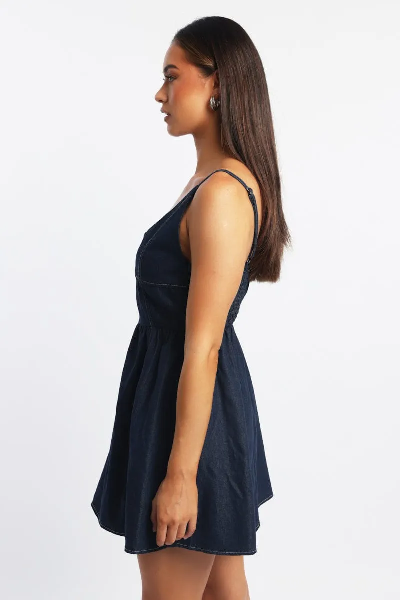Diagonal Draping Effect Blue Fit And Flare Dress Mini