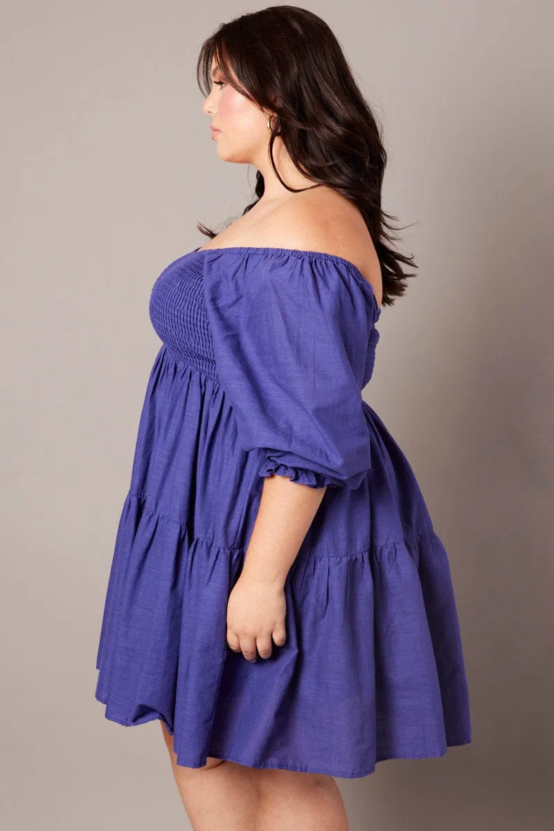 Blue Shirred Tier Cotton Mini Dress Eco Friendly Fabric Bold Fashion