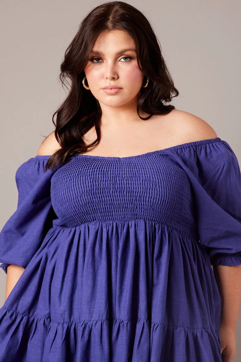 Blue Shirred Tier Cotton Mini Dress Wrinkle Free Fabric