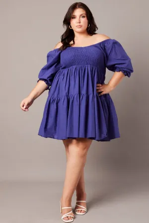 Flattering Cut Blue Shirred Tier Cotton Mini Dress