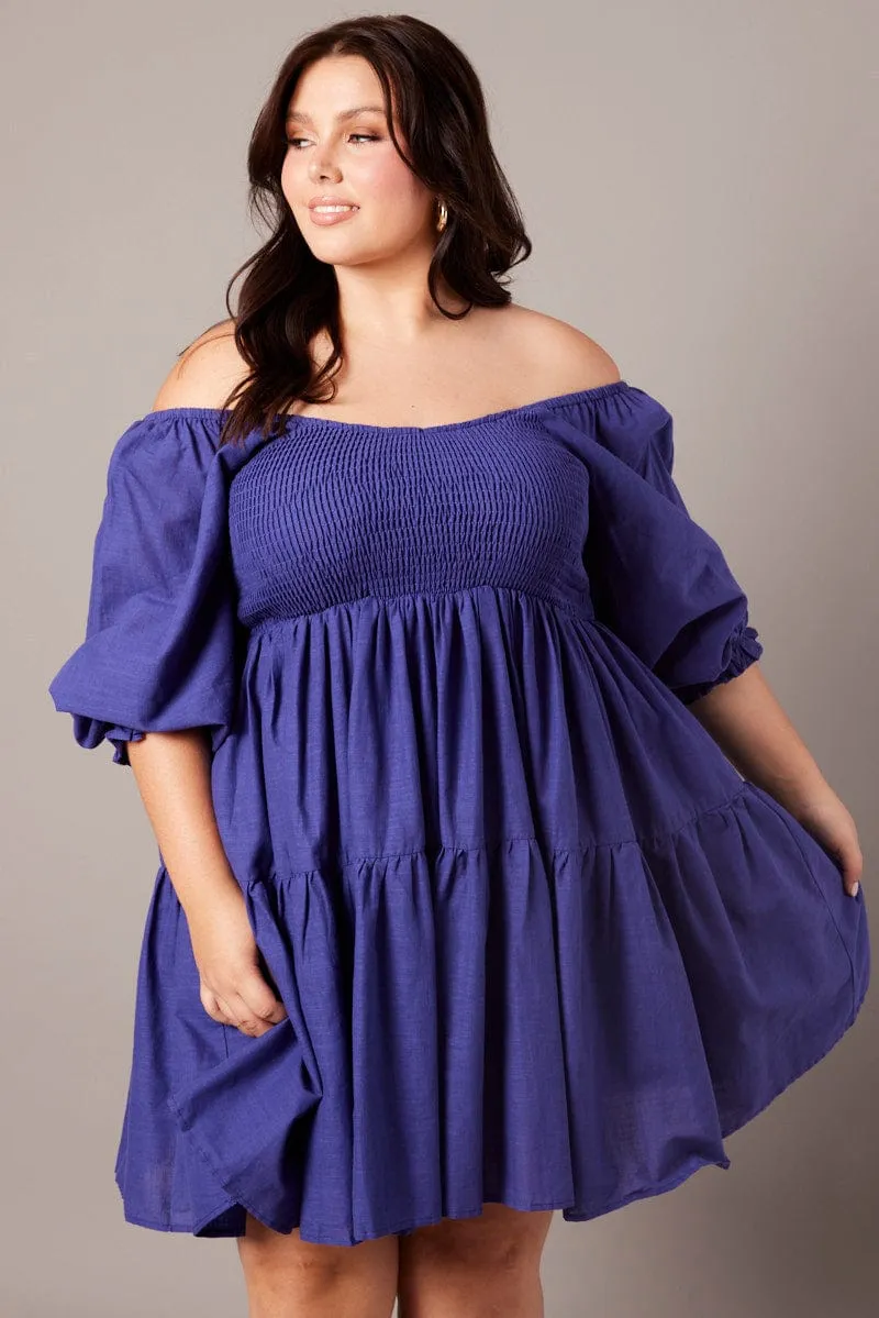 Tagless Labeling Blue Shirred Tier Cotton Mini Dress