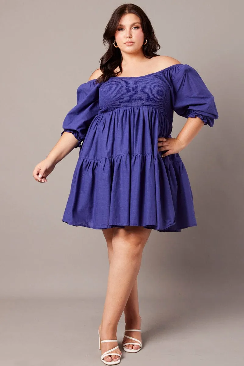 Flattering Cut Blue Shirred Tier Cotton Mini Dress