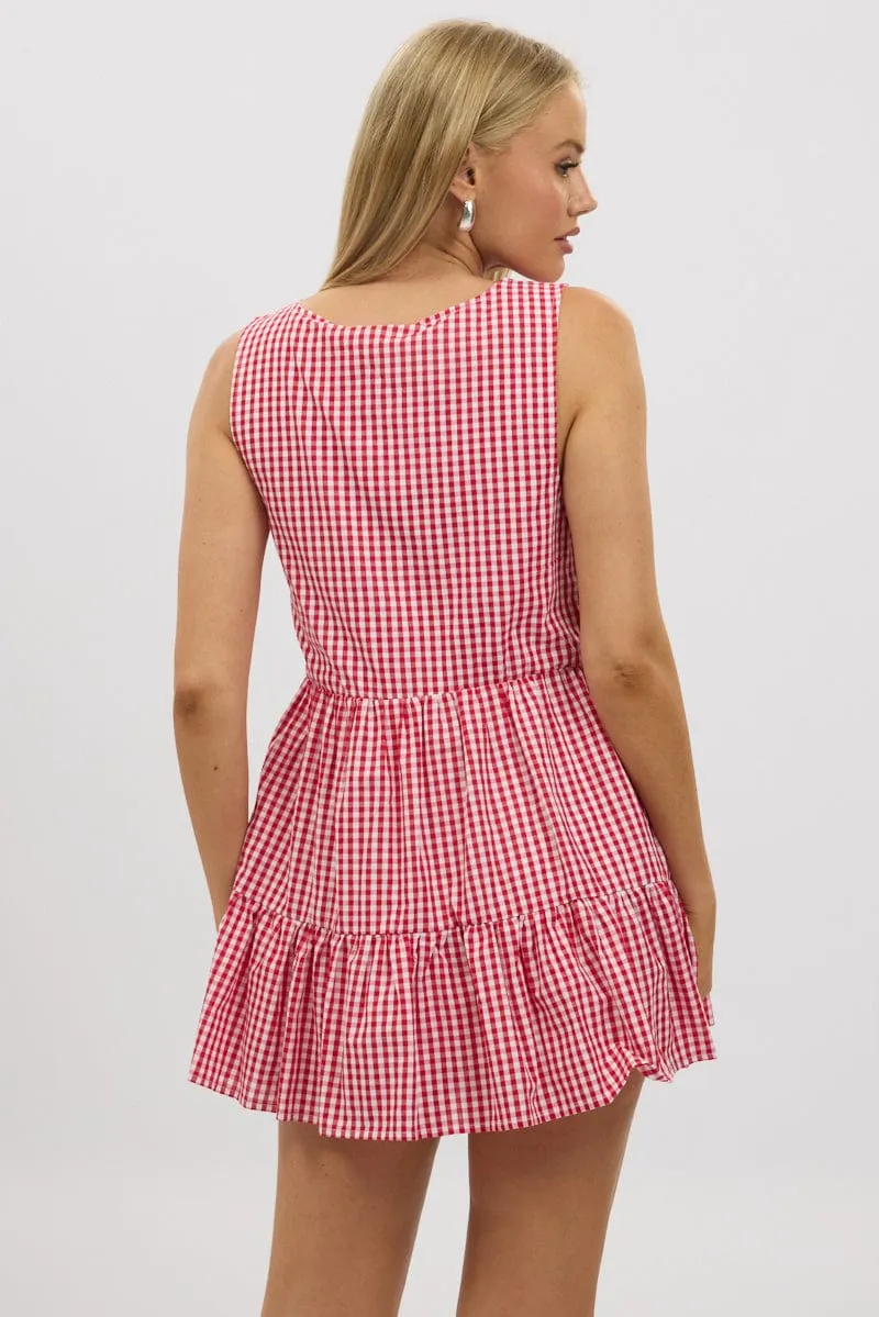 Youthful Design Playful evening dress Red Check Mini Dress Ribbon Detail
