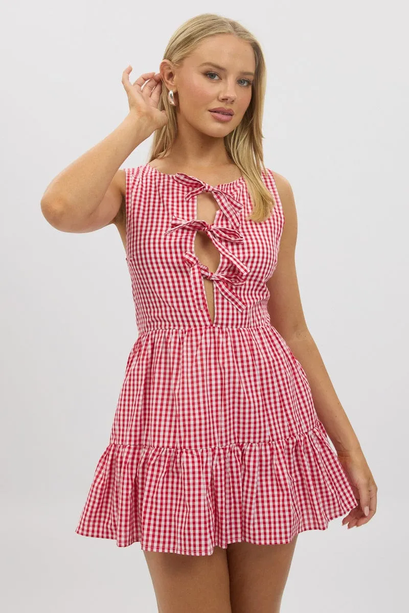 Red Check Mini Dress Ribbon Detail Light Beat