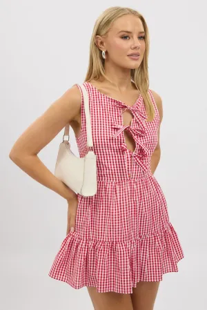 Red Check Mini Dress Ribbon Detail Casual Wear
