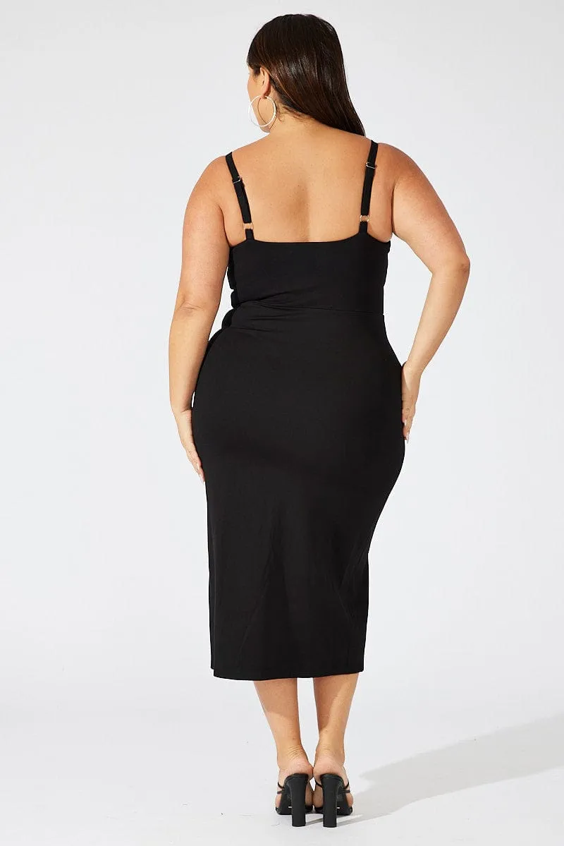 Black Ponte Midi Dress Sheer Panel Waist Ruby Shine