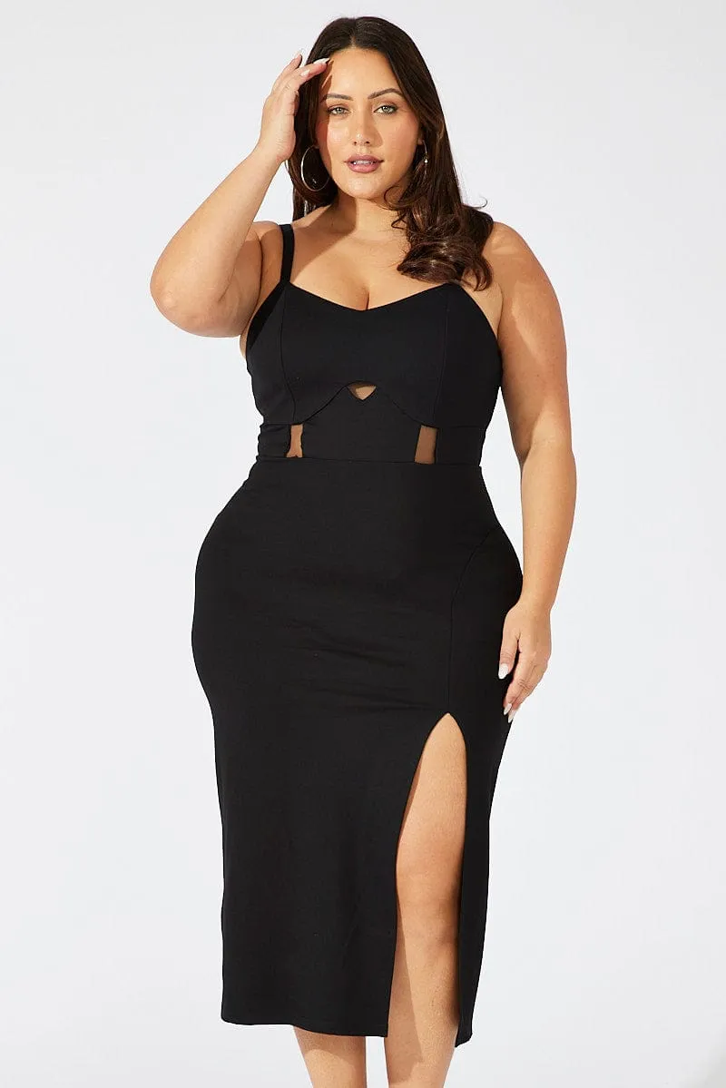 Black Ponte Midi Dress Sheer Panel Waist Comfortable Cut