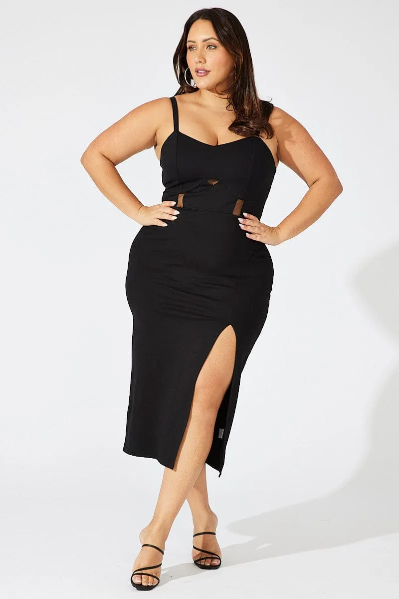 Black Ponte Midi Dress Sheer Panel Waist music concert