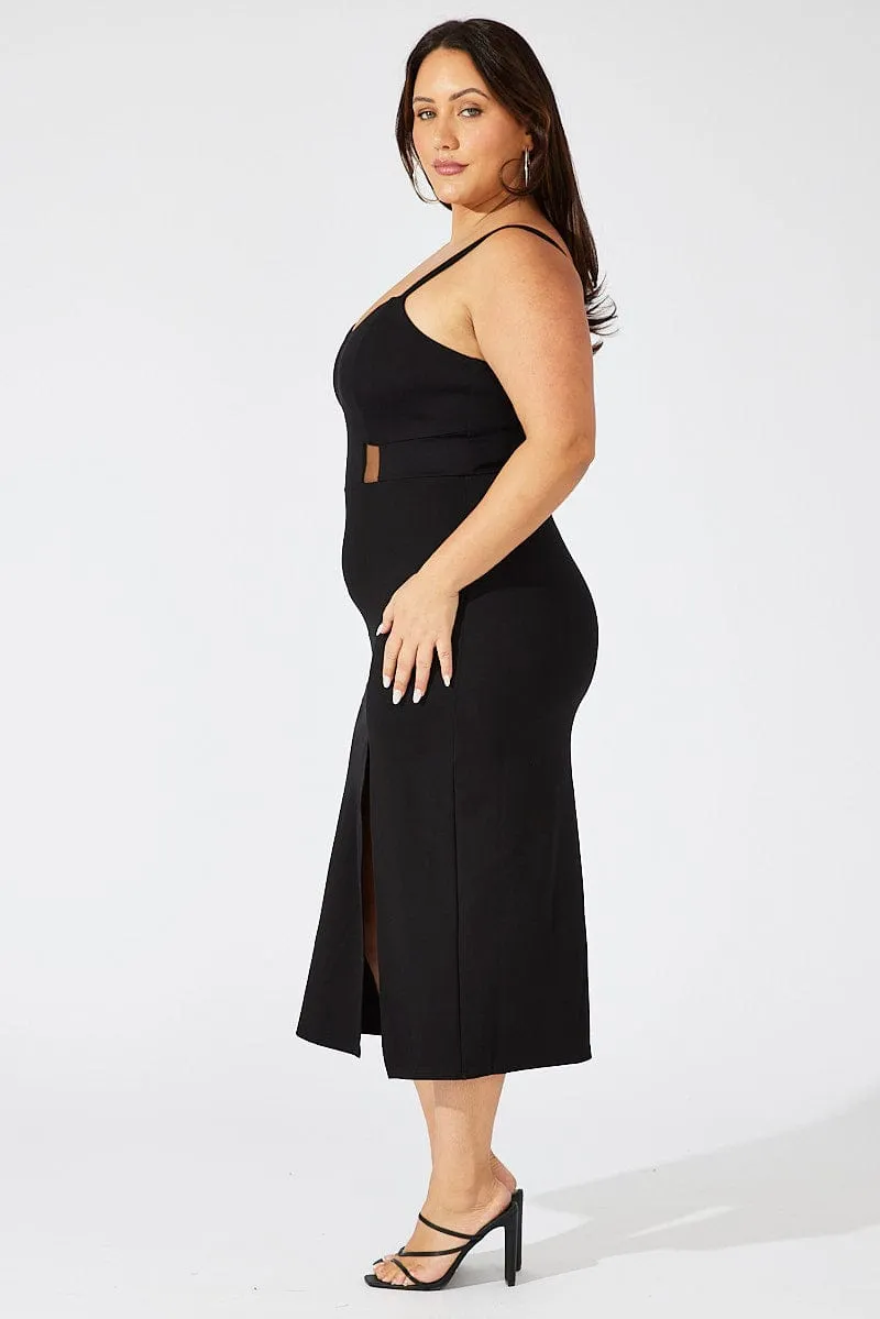 Black Ponte Midi Dress Sheer Panel Waist Comfortable daytime dress Fashionable Design