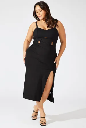 Hill Top Black Ponte Midi Dress Sheer Panel Waist