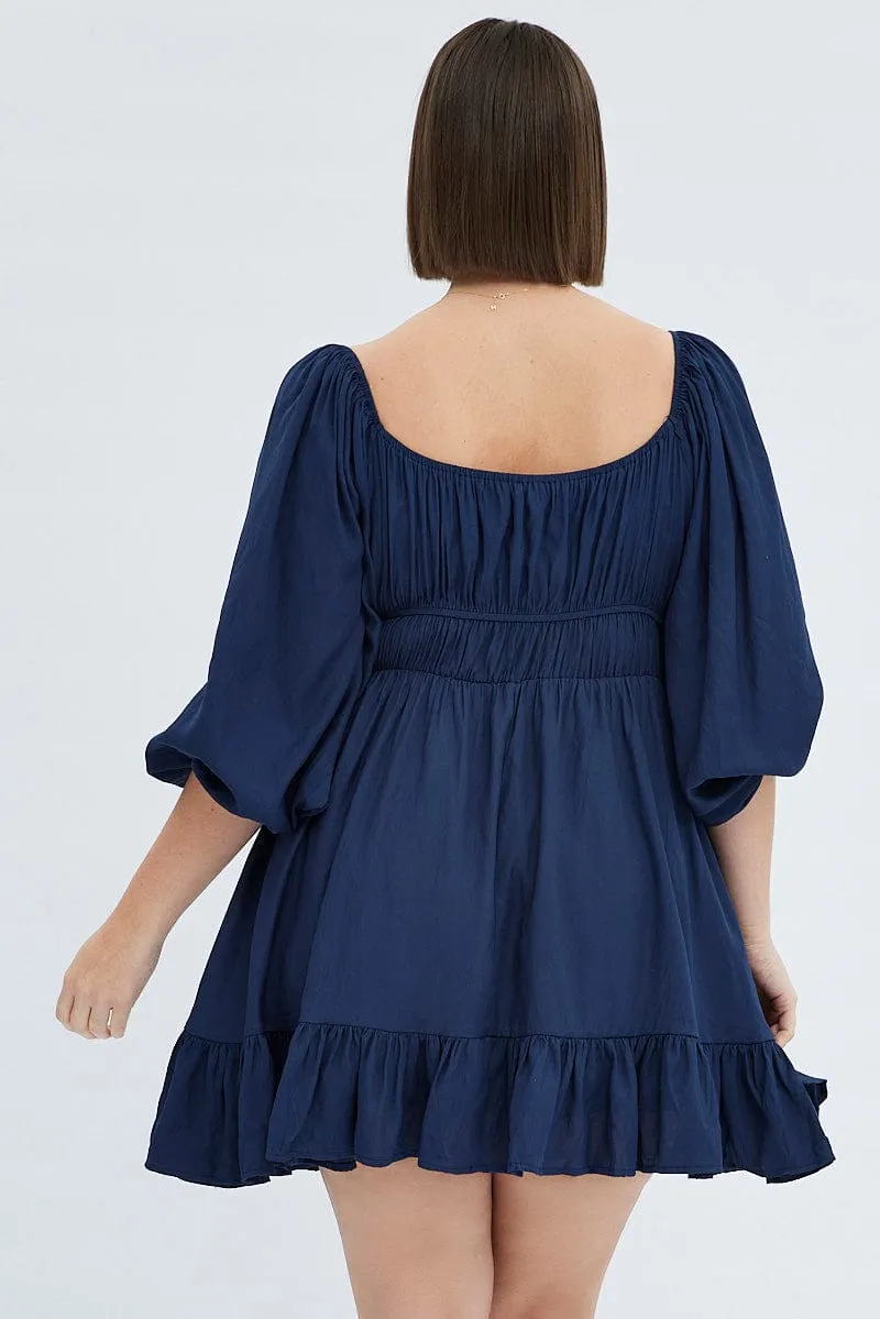 Lavender Hill Blue Fit And Flare Dress 3/4 Sleeve Tiered Cut Out