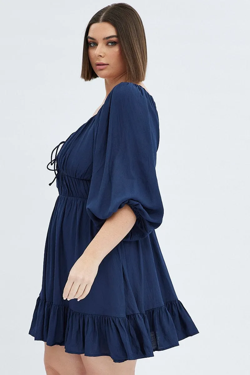 Fashionable appearance Trendy Outfit Blue Fit And Flare Dress 3/4 Sleeve Tiered Cut Out