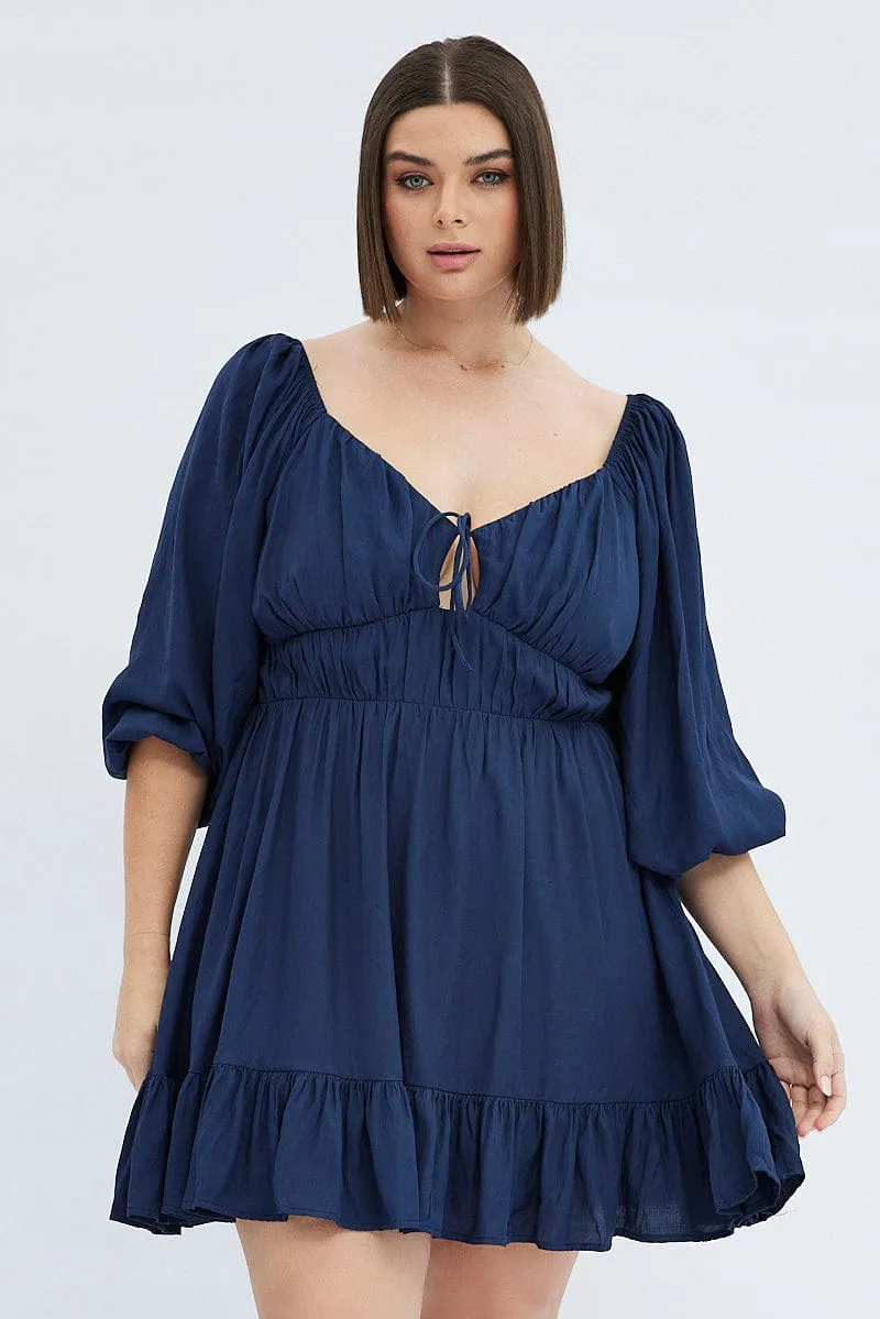 Flattering Fit Fashion Essential Blue Fit And Flare Dress 3/4 Sleeve Tiered Cut Out