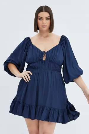 Blue Fit And Flare Dress 3/4 Sleeve Tiered Cut Out Smart Design Trendy Essentials