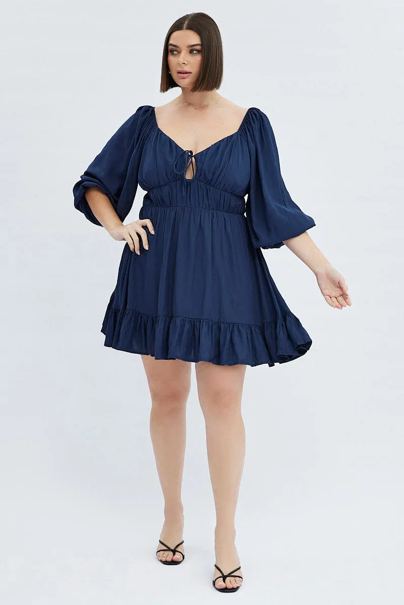 Blue Fit And Flare Dress 3/4 Sleeve Tiered Cut Out Rainbow Arc
