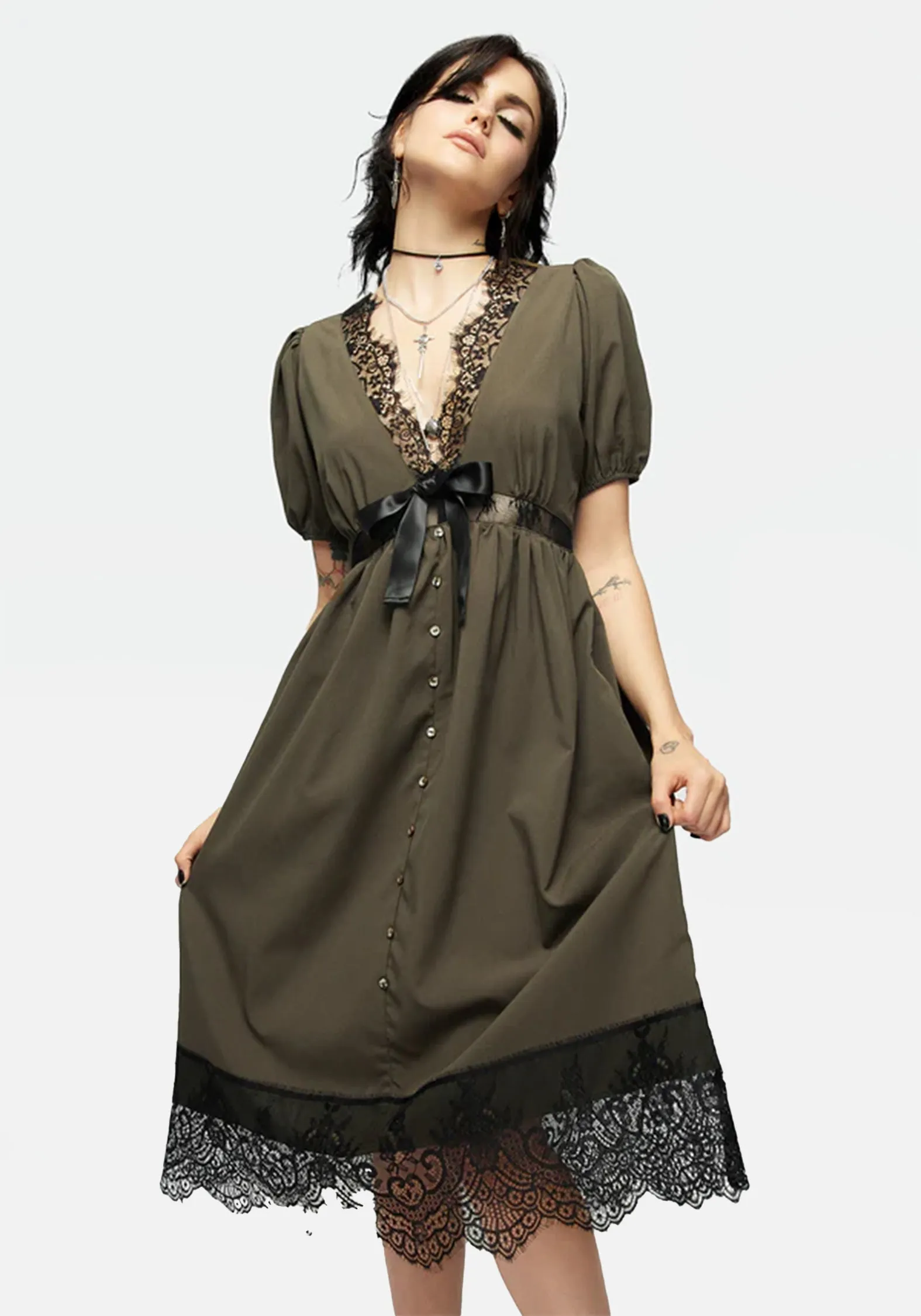 Casual yet dressy midi Sleek Comfort Mortuary Lace Button Up Midi Dress in Tea Leaf