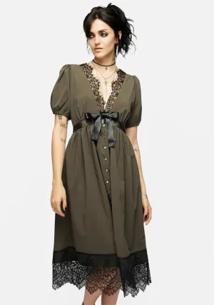 Mortuary Lace Button Up Midi Dress in Tea Leaf Versatile Design Bead Shine