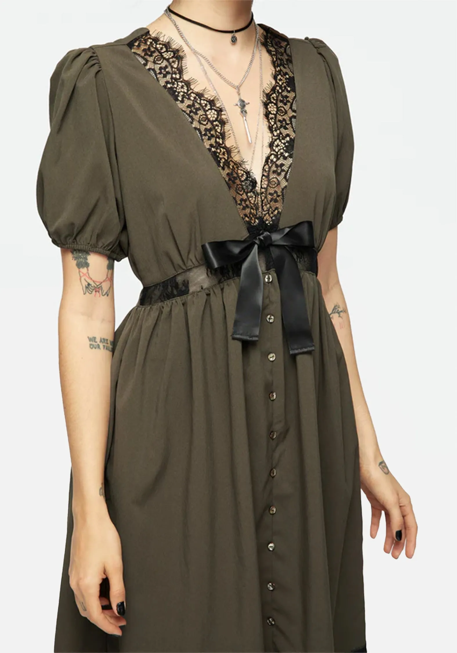 Mortuary Lace Button Up Midi Dress in Tea Leaf Classy Appearance Silver Light
