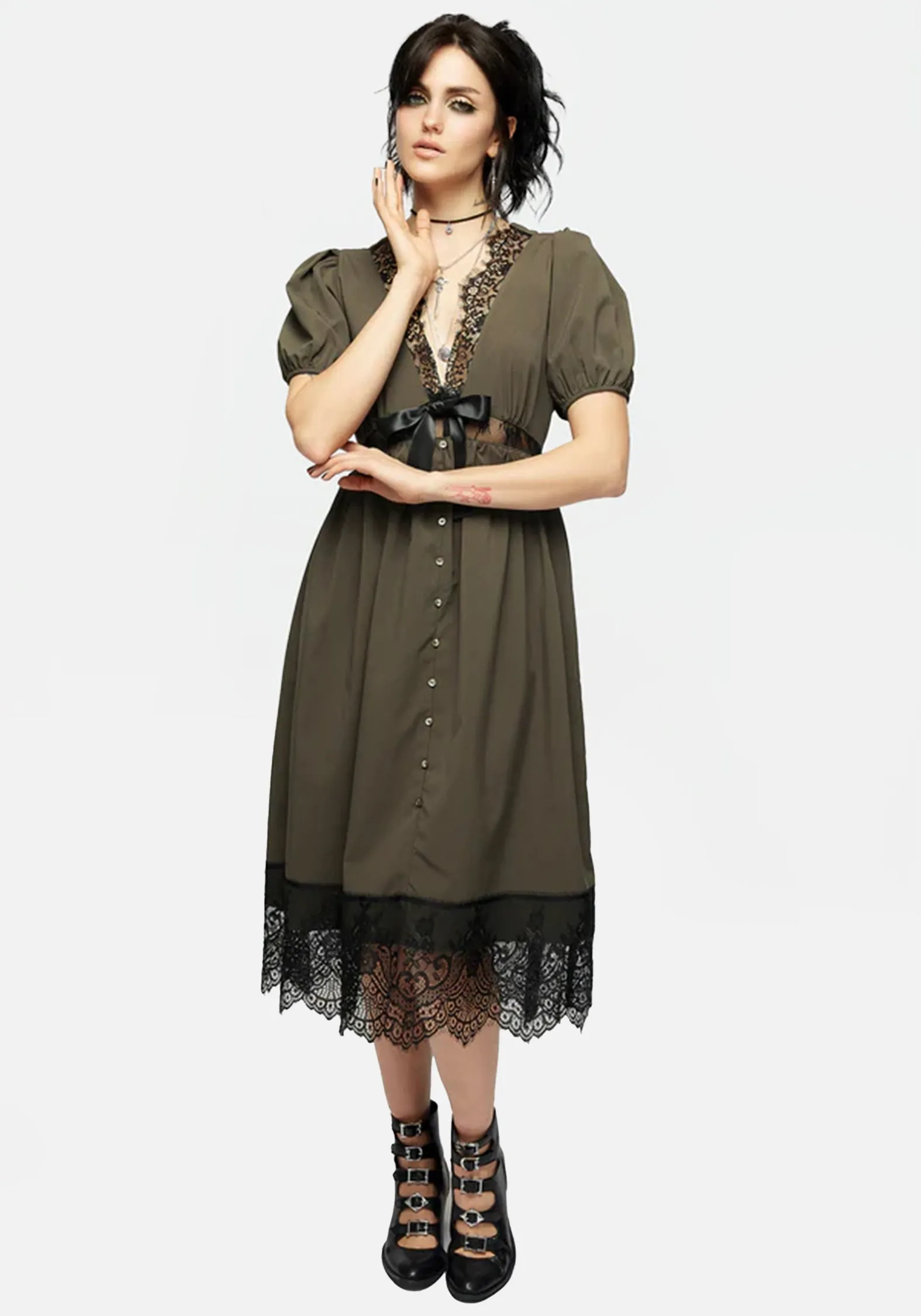 Charming Fit Velvet Smooth Mortuary Lace Button Up Midi Dress in Tea Leaf