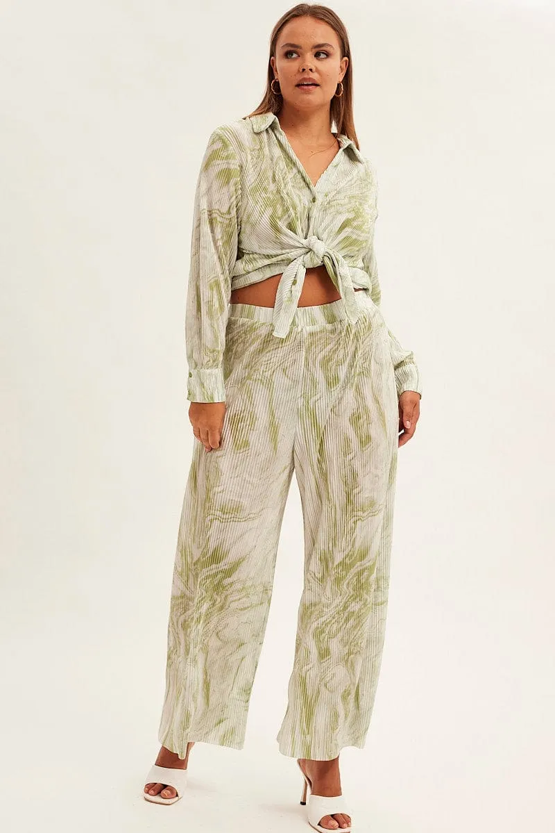 Green Print Plisse Pants Wide Leg High Rise Comfy Waistband