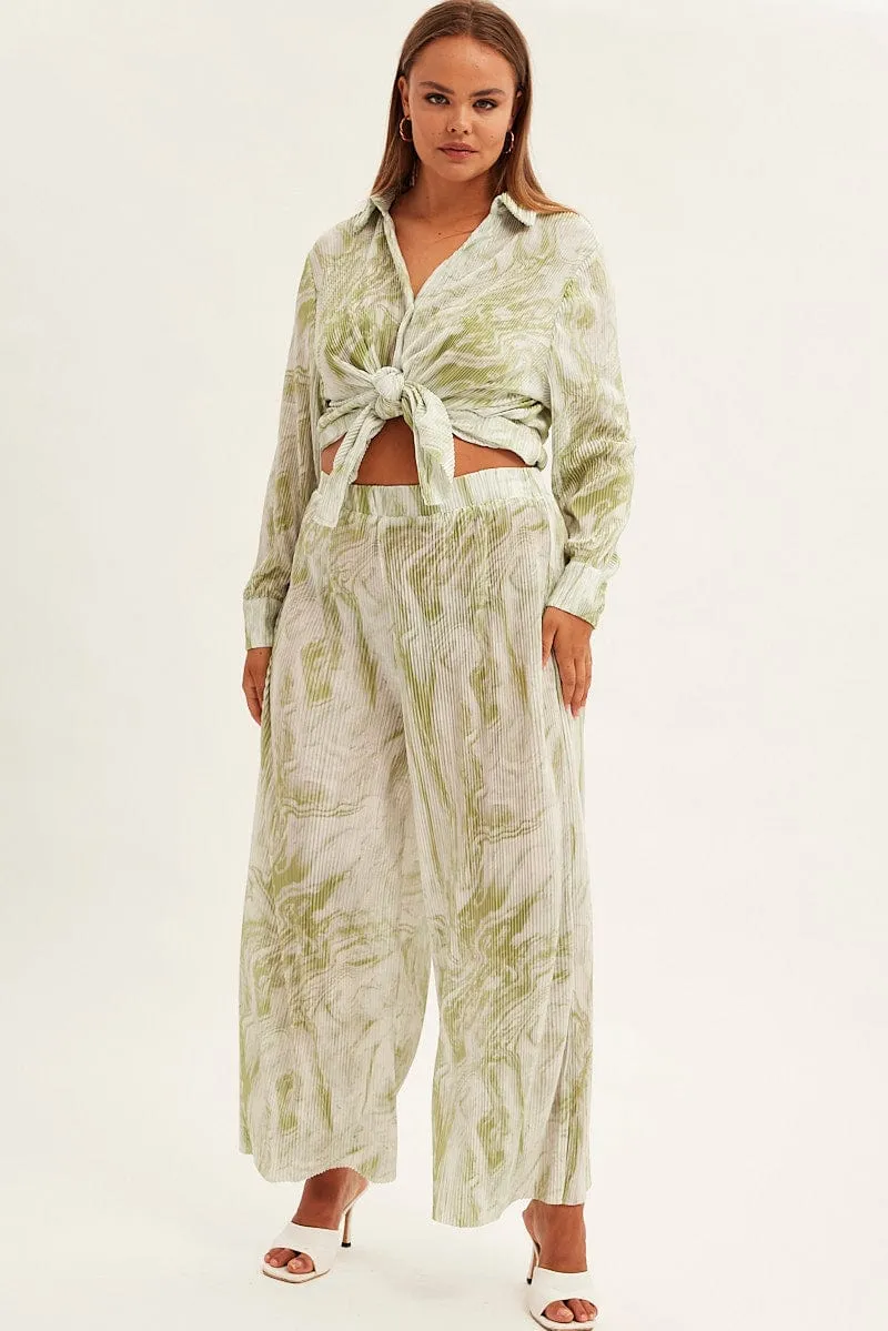 Green Print Plisse Pants Wide Leg High Rise Comfy Essentials Wear Freedom Motion