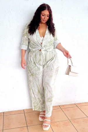 TaglessDesign Trendy Style Green Print Plisse Pants Wide Leg High Rise