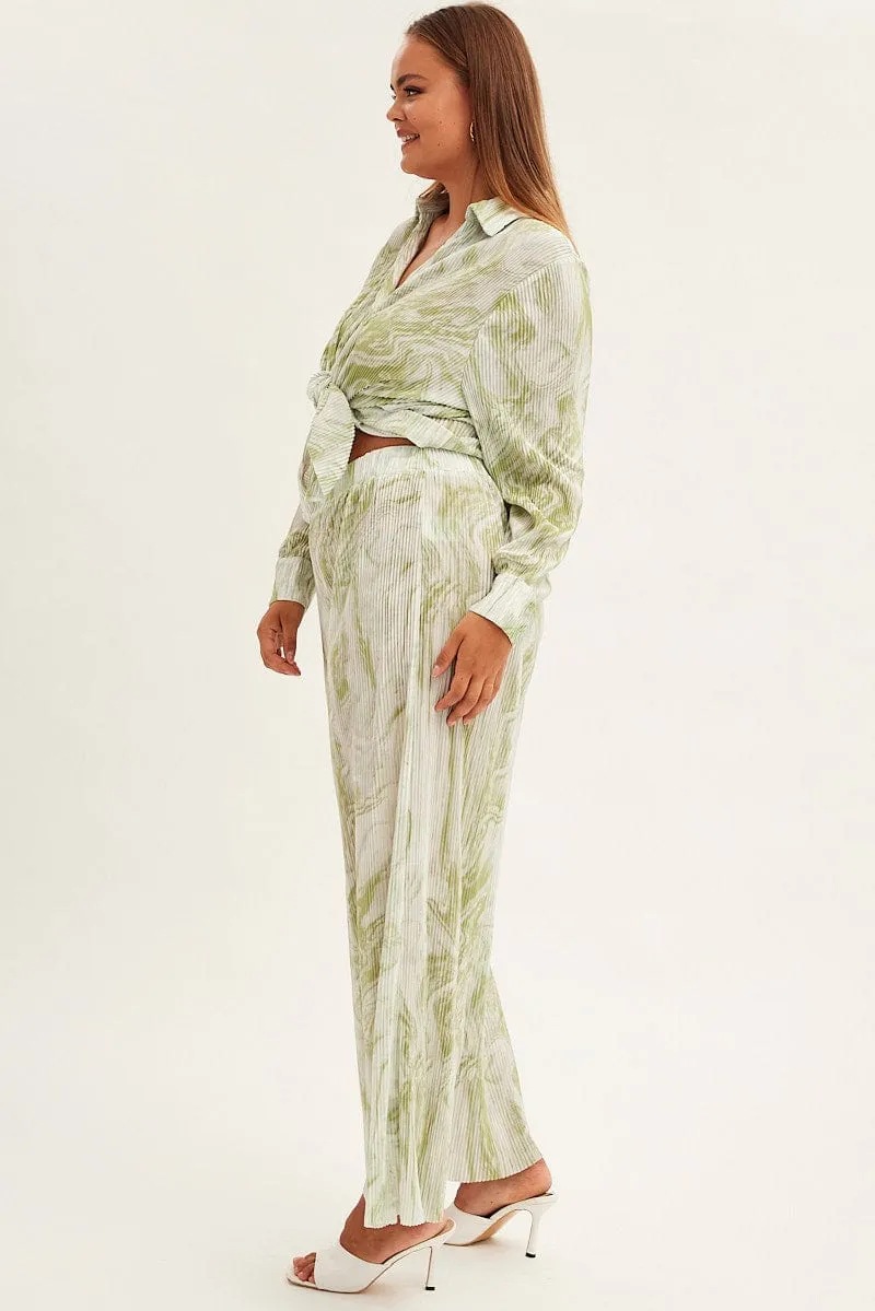 Green Print Plisse Pants Wide Leg High Rise Soft Stretch