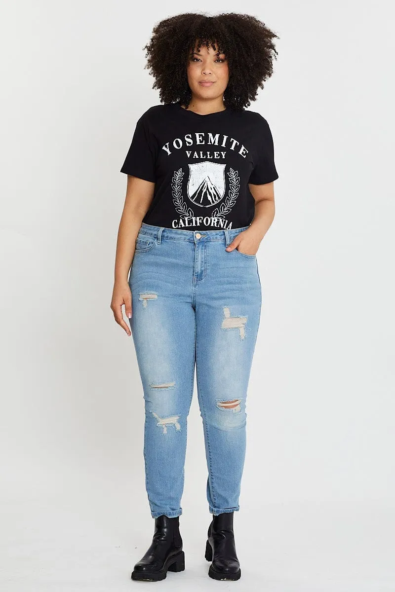 Black Crop T-shirt Mountain Short Sleeve Cotton Semi Relaxed Design Workout Gear