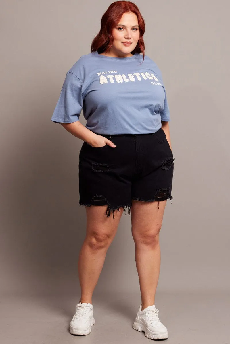 Retro Style Blue Graphic T-shirt Short Sleeve Crew Neck