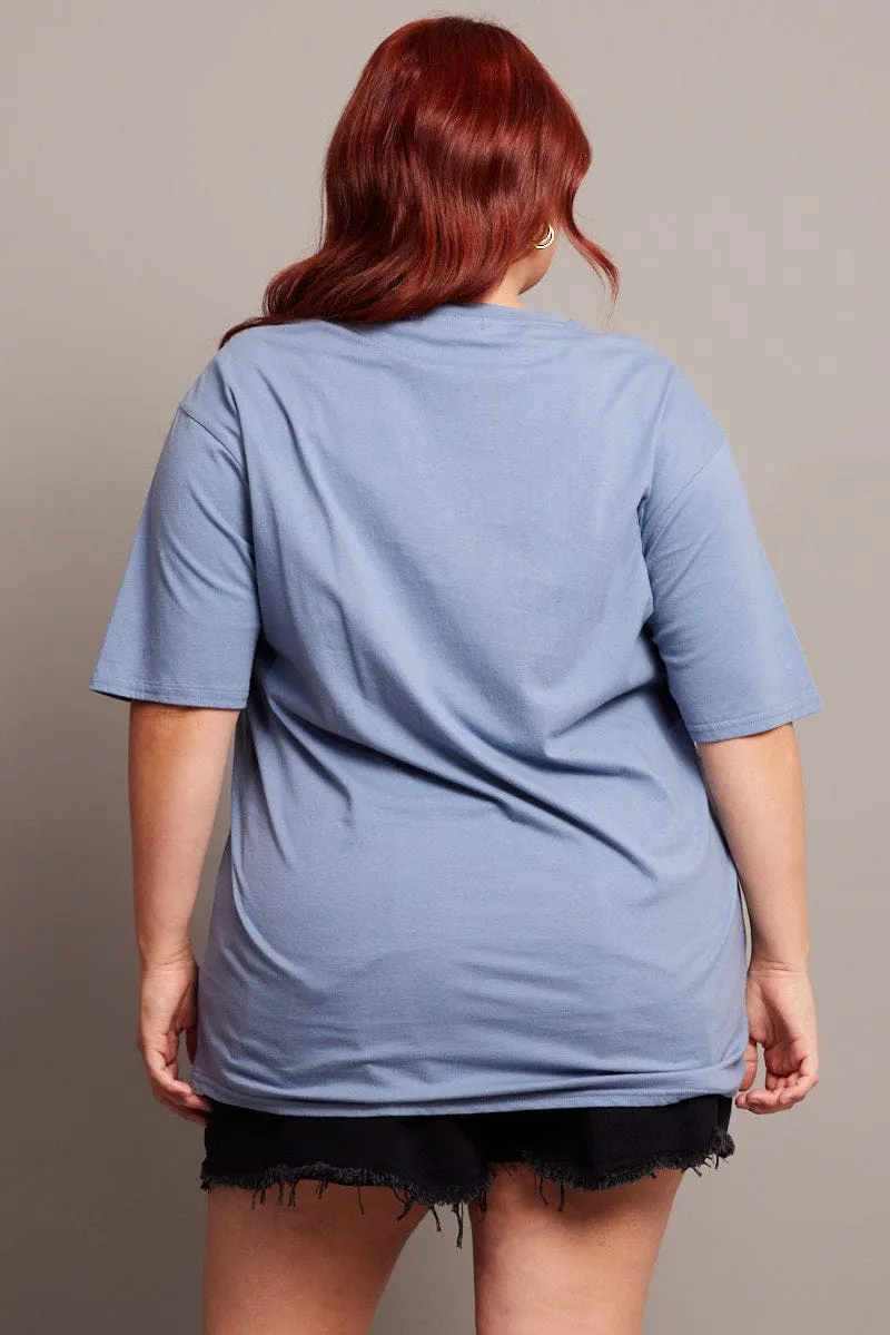 Casual Touch Tear Resistant Blue Graphic T-shirt Short Sleeve Crew Neck