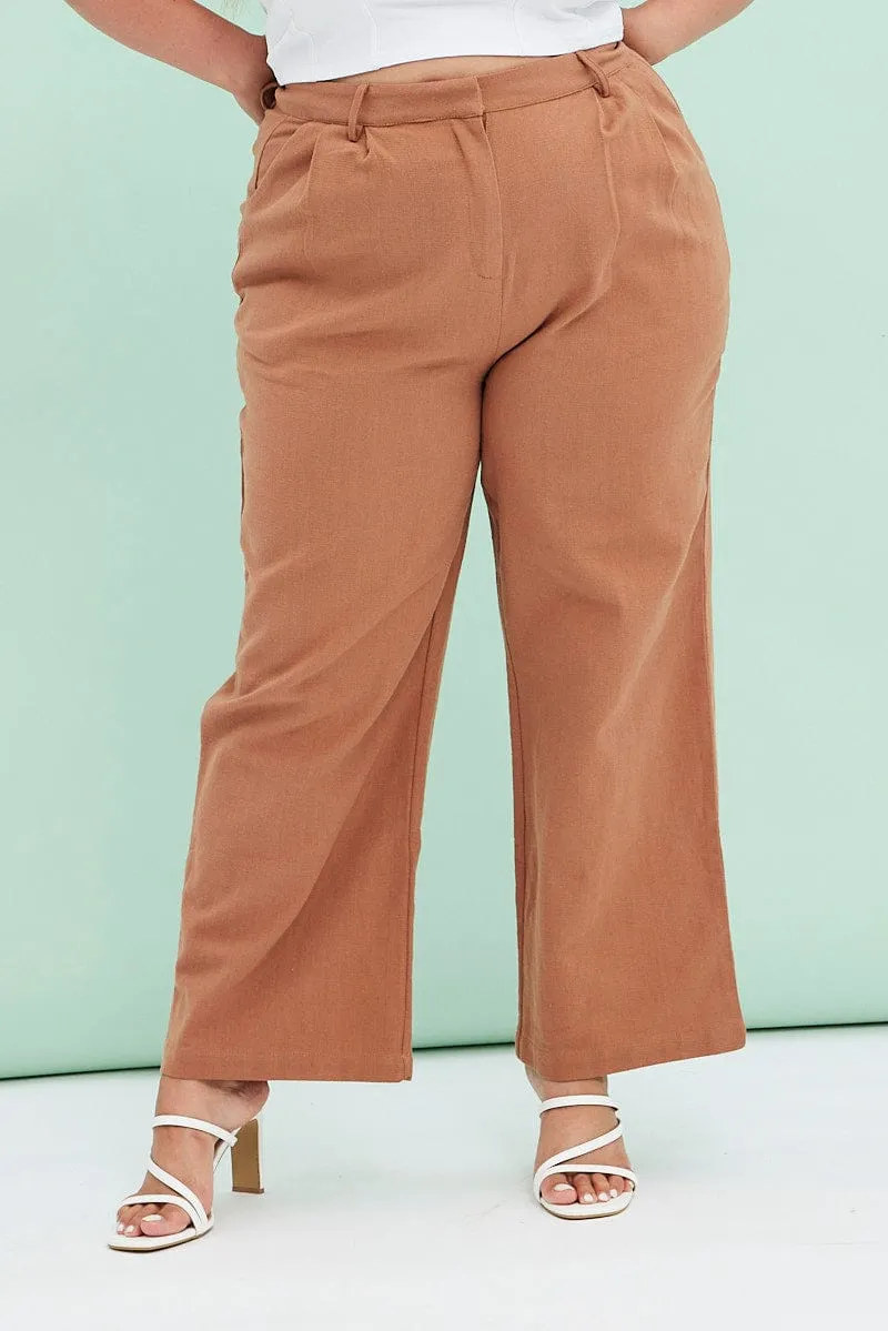 Brown Wide Leg Pants Linen Blend Non Clip