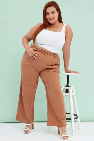 Brown Wide Leg Pants Linen Blend Adjustable drawstring