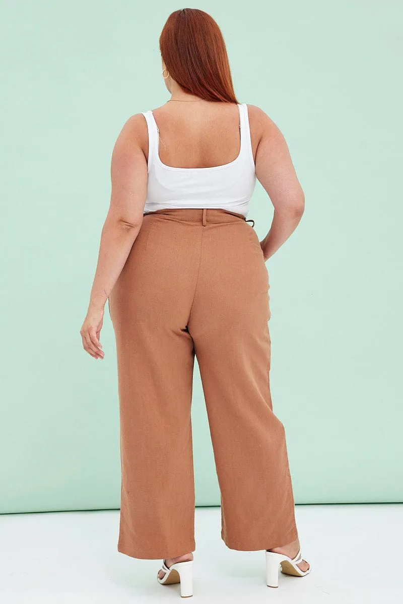 Brown Wide Leg Pants Linen Blend Smart Look