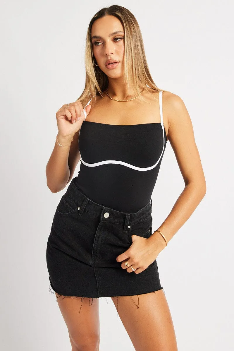 Black Bodysuit Sleeveless Contrast Detail Seamless Romance Air Cozy Wrap