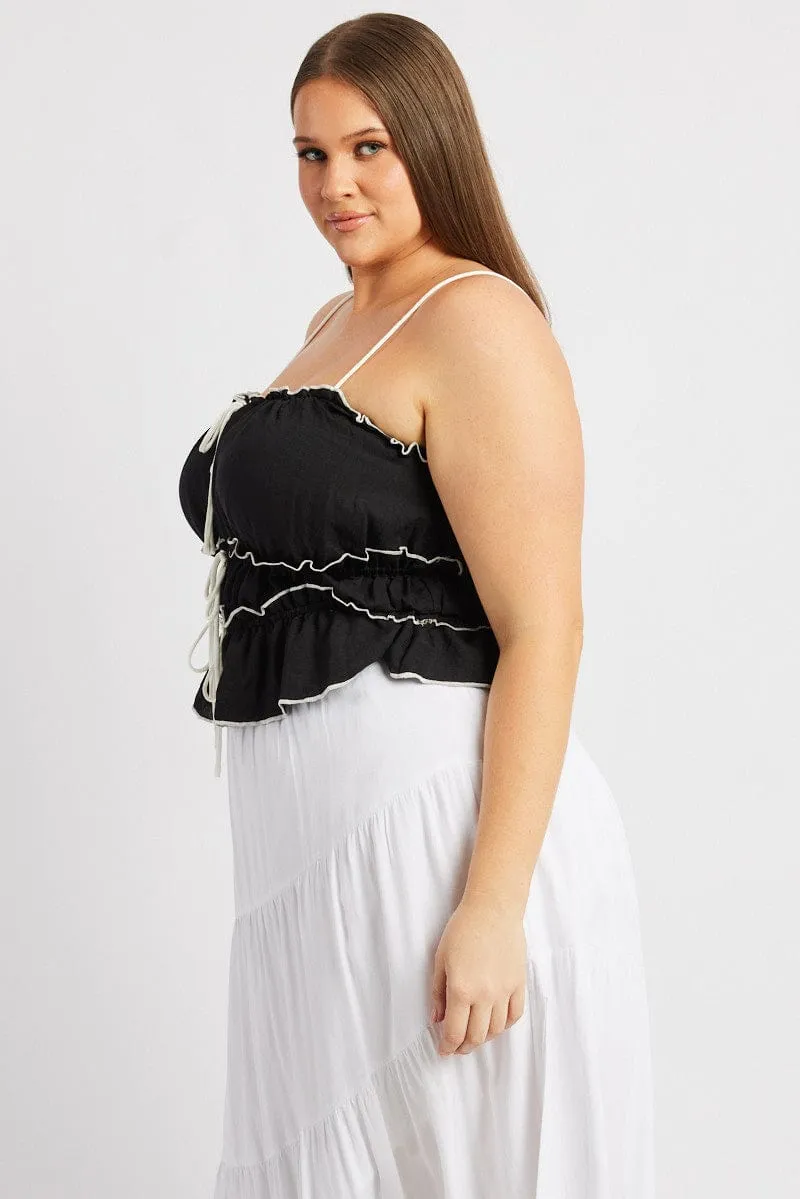 Boho Free Relaxed Layer Black Tiered Cami Top Sleeveless Front Ribbon