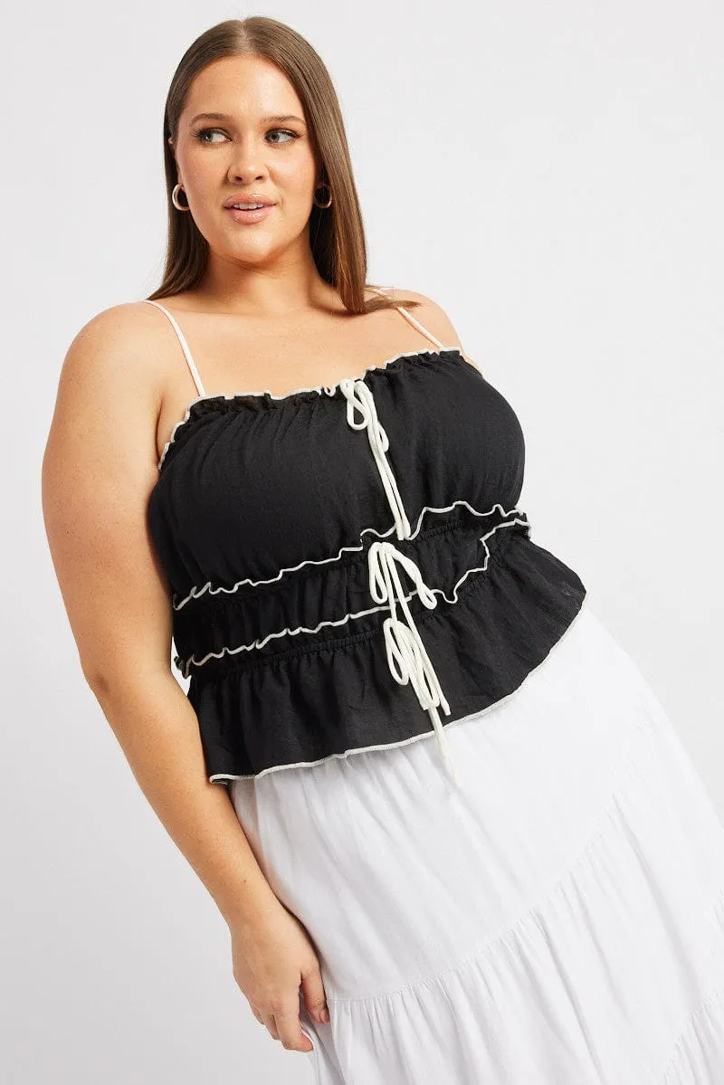 Black Tiered Cami Top Sleeveless Front Ribbon Easy Fit Sporty Jacket