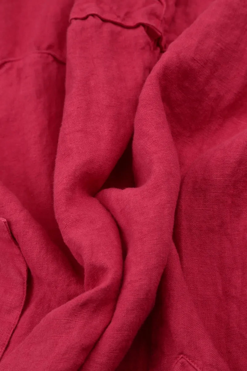Buttoned V-Neck Raspberry Linen Dress Transitional Clothing Shape Hug