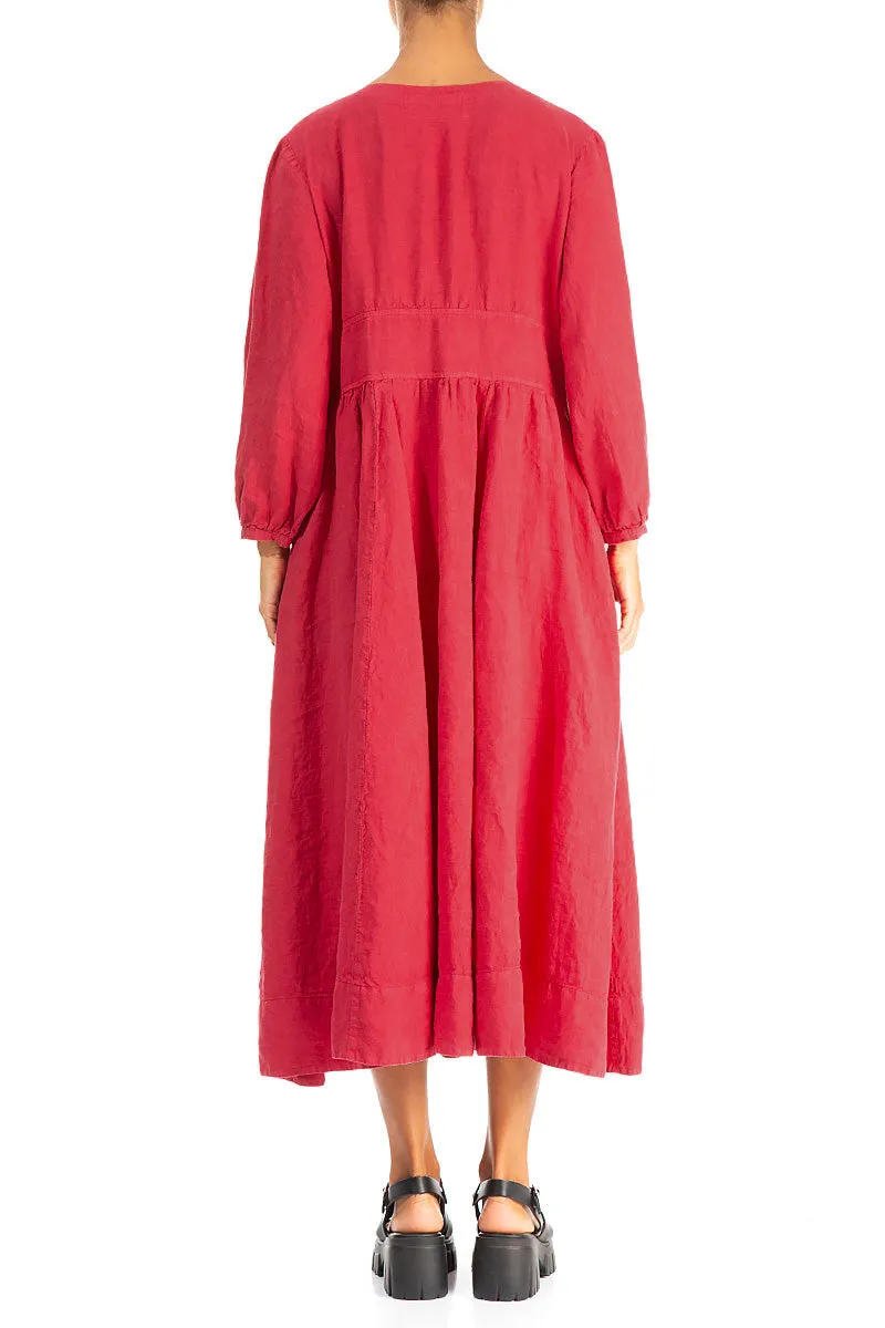 Soft Sweater Buttoned V-Neck Raspberry Linen Dress
