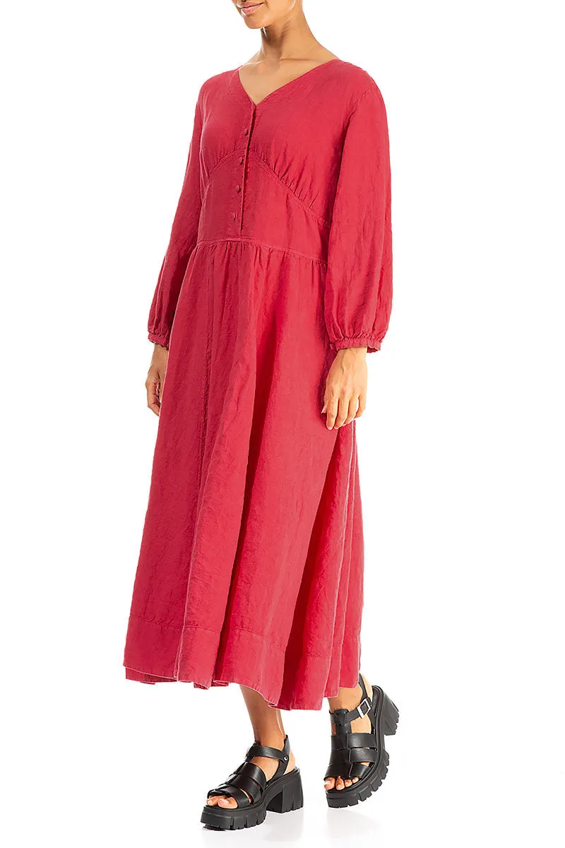 Stylish Jumper Buttoned V-Neck Raspberry Linen Dress