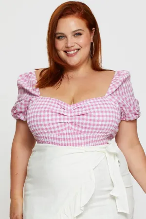 Gentle Glow Check Shirred Bodysuit Short Sleeve