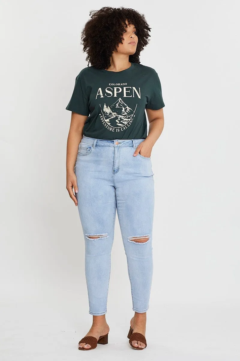 Green Graphic T-shirt Aspen Short Sleeve Cotton Everyday Comfort Quick-Dry Fabric