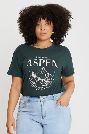 Playful Design Minimal Outfit Green Graphic T-shirt Aspen Short Sleeve Cotton