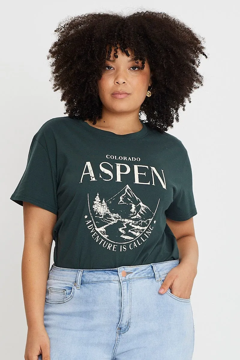 Trendy Comfy Apparel Green Graphic T-shirt Aspen Short Sleeve Cotton