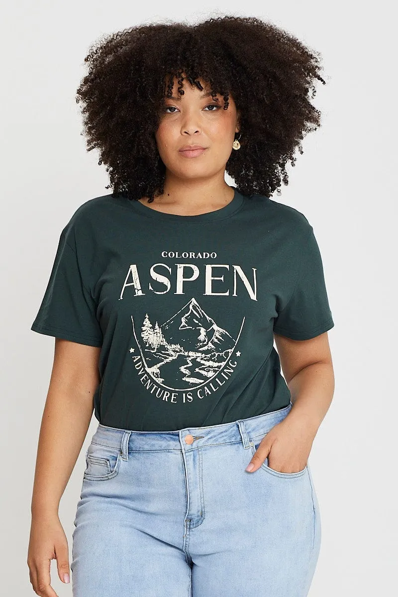 Playful Design Minimal Outfit Green Graphic T-shirt Aspen Short Sleeve Cotton