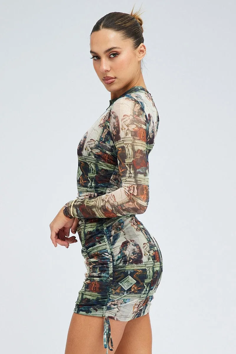 Multi Print Bodycon Dress Ruched Side Long Sleeve Mini Hike Fit Relaxed Layer