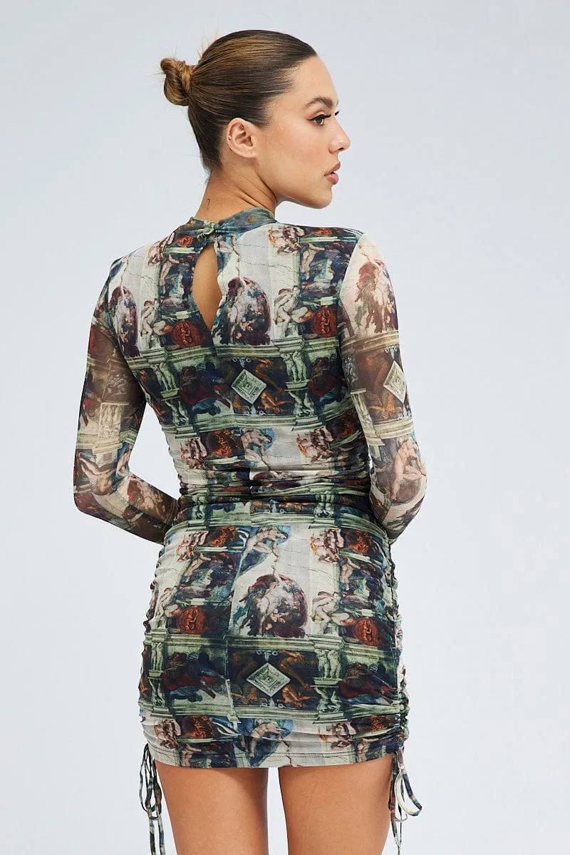 Multi Print Bodycon Dress Ruched Side Long Sleeve Mini PreShrunk Cotton